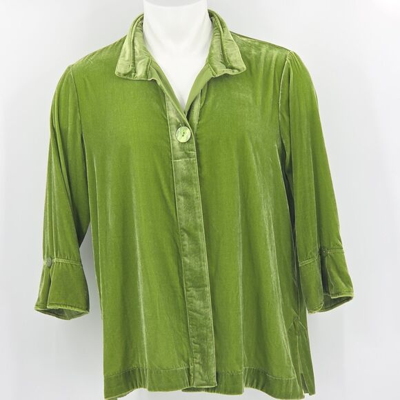 John Mark Button Up Down Shirt Women Size XL Green Velvet Wire Collar Holiday - Picture 2 of 9